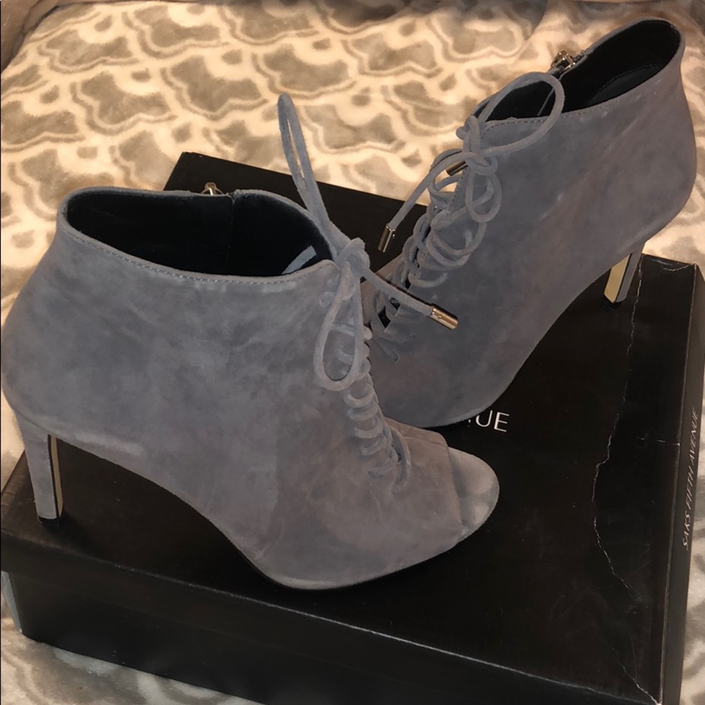 Grey suede peep toe booties